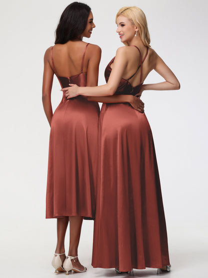 Rust Bridesmaid Dress Cowl Neck Straps Cross Zip Back Floor Length Stretch Satin Bridesmaid Dress