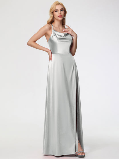 Silver Dress Bridesmaid Cowl Neck Straps Cross Zip Back Floor Length Stretch Satin Bridesmaid Dress