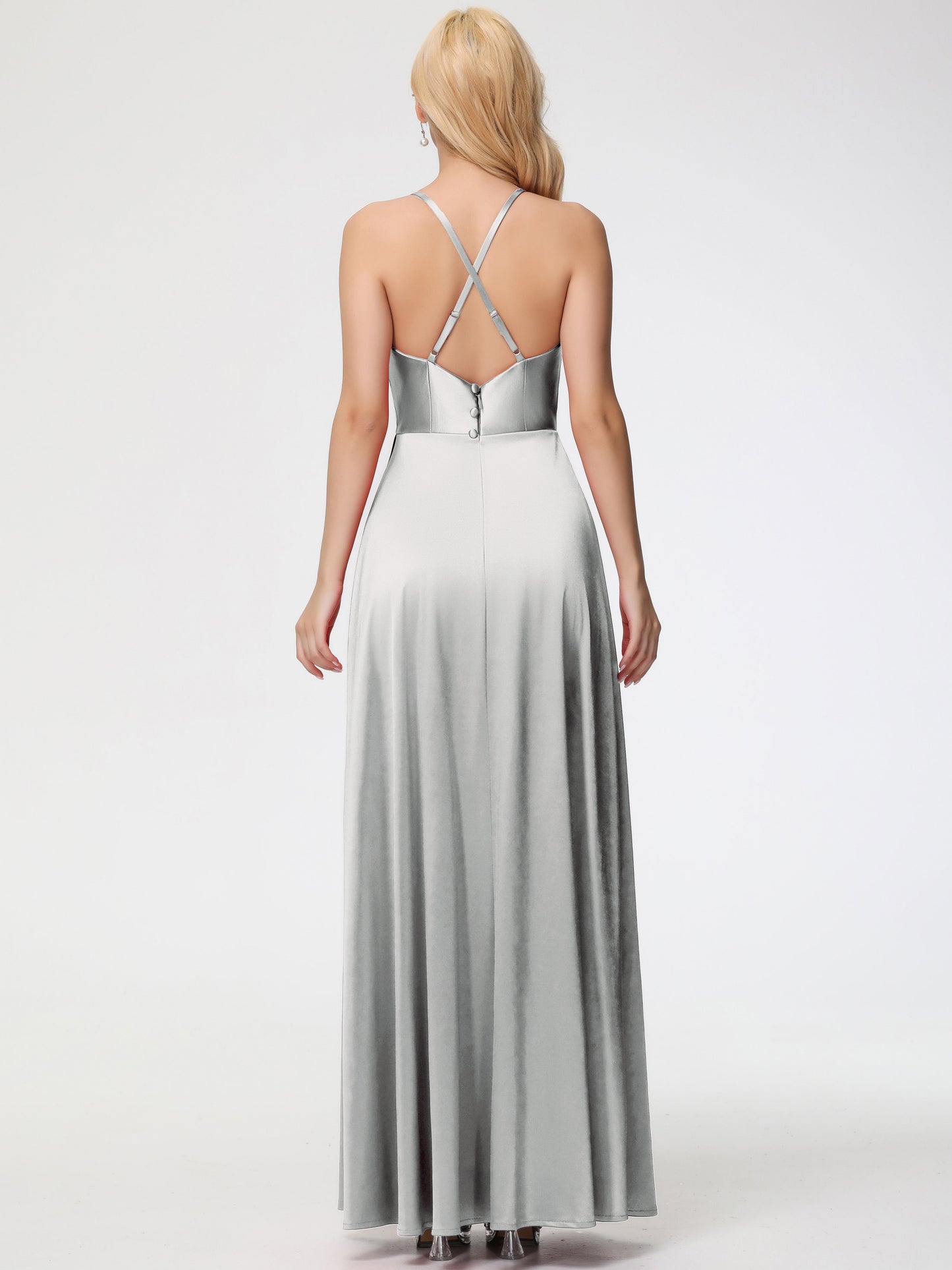 Silver Dress Bridesmaid Cowl Neck Straps Cross Zip Back Floor Length Stretch Satin Bridesmaid Dress
