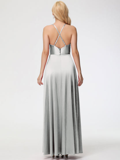 Silver Dress Bridesmaid Cowl Neck Straps Cross Zip Back Floor Length Stretch Satin Bridesmaid Dress