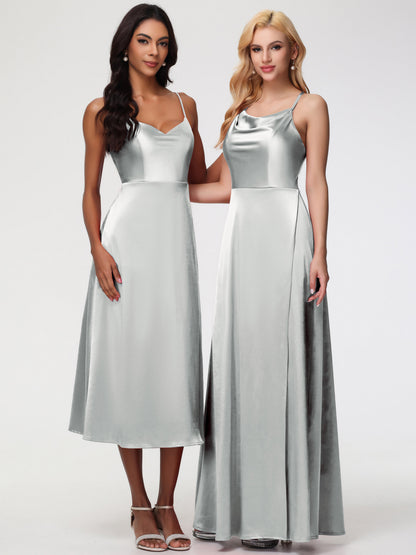 Silver Dress Bridesmaid Cowl Neck Straps Cross Zip Back Floor Length Stretch Satin Bridesmaid Dress
