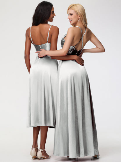 Silver Dress Bridesmaid Cowl Neck Straps Cross Zip Back Floor Length Stretch Satin Bridesmaid Dress