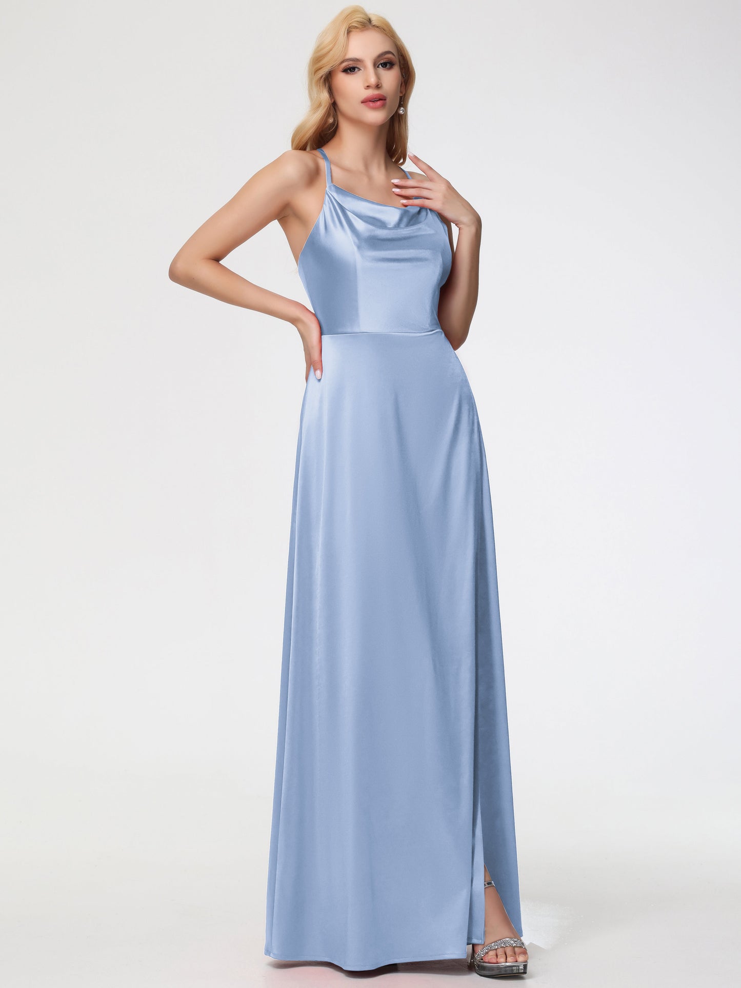 Sky Blue Bridesmaids Cowl Neck Straps Cross Zip Back Floor Length Stretch Satin Bridesmaid Dress