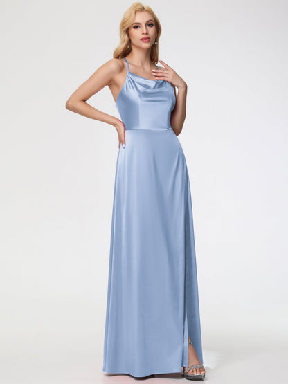 Sky Blue Bridesmaids Cowl Neck Straps Cross Zip Back Floor Length Stretch Satin Bridesmaid Dress