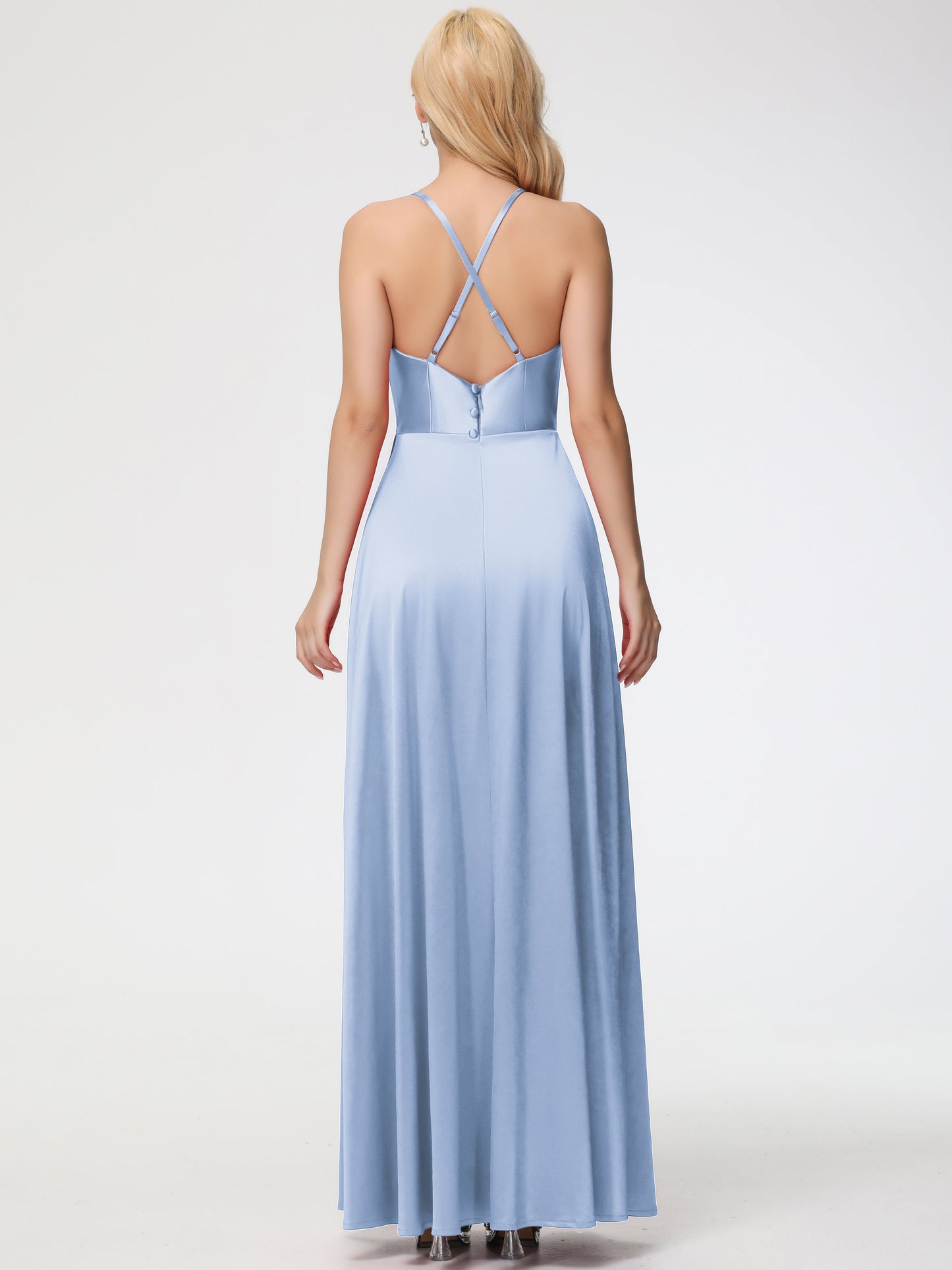 Sky Blue Bridesmaids Cowl Neck Straps Cross Zip Back Floor Length Stretch Satin Bridesmaid Dress