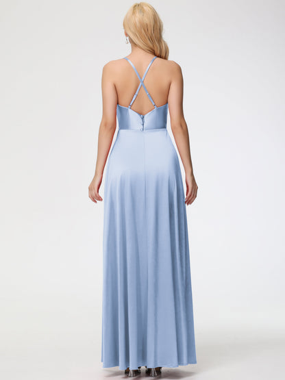 Sky Blue Bridesmaids Cowl Neck Straps Cross Zip Back Floor Length Stretch Satin Bridesmaid Dress
