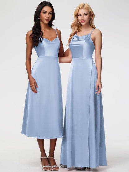 Sky Blue Bridesmaids Cowl Neck Straps Cross Zip Back Floor Length Stretch Satin Bridesmaid Dress