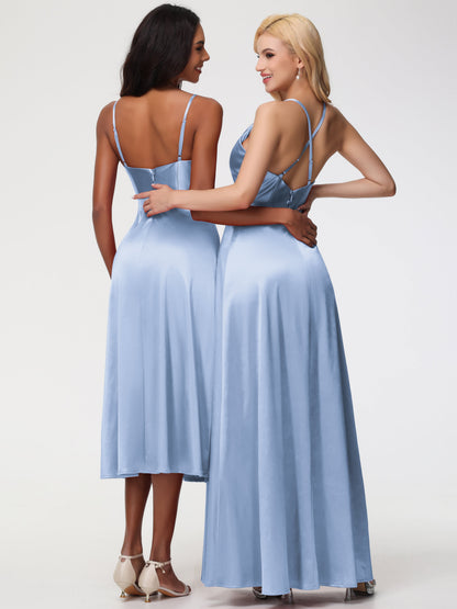 Sky Blue Bridesmaids Cowl Neck Straps Cross Zip Back Floor Length Stretch Satin Bridesmaid Dress