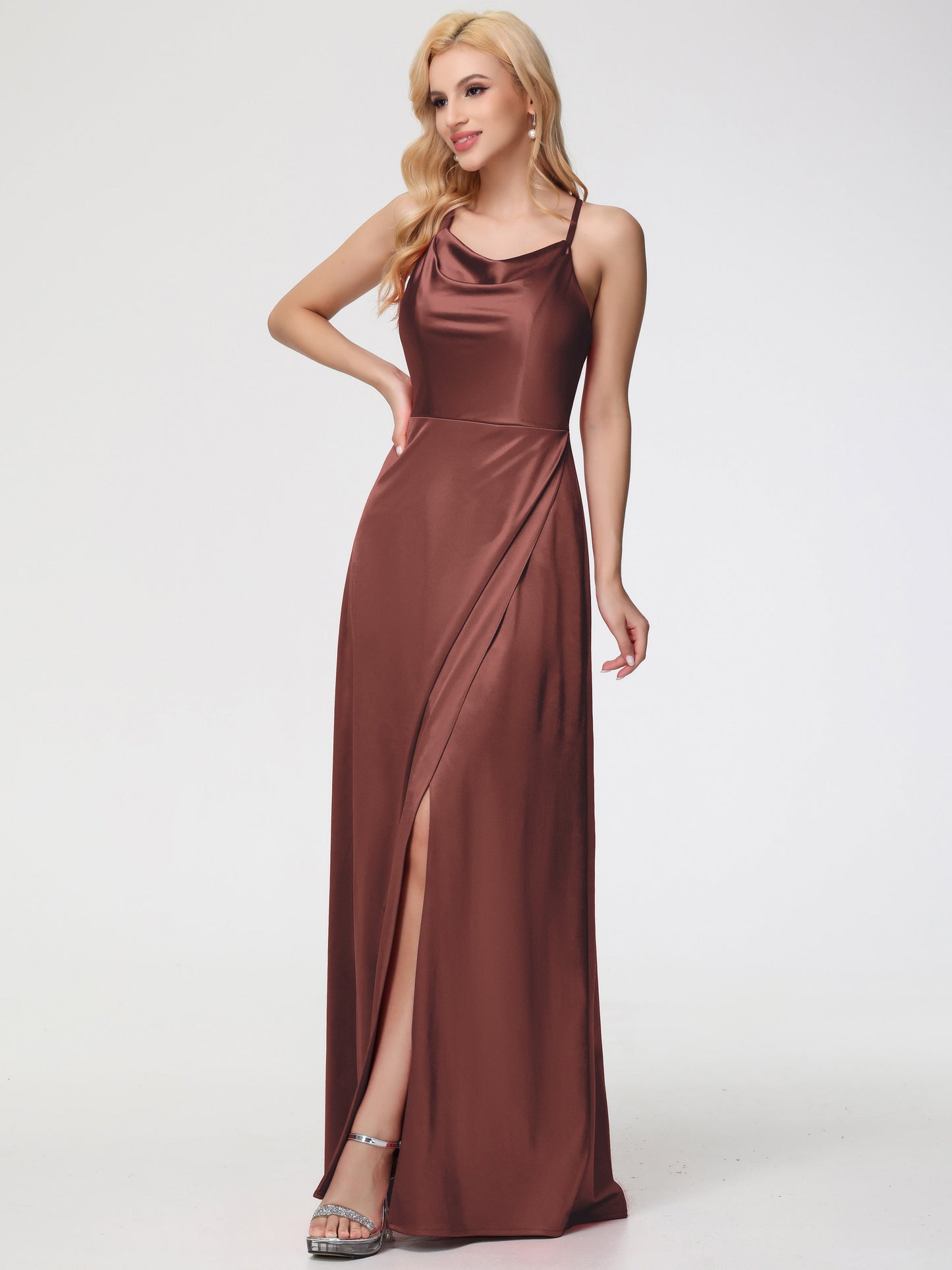 Stretch Satin Terracotta Bridesmaid Dresses Cowl Neck Straps Cross Zip Back Floor Length Stretch Satin Bridesmaid Dress