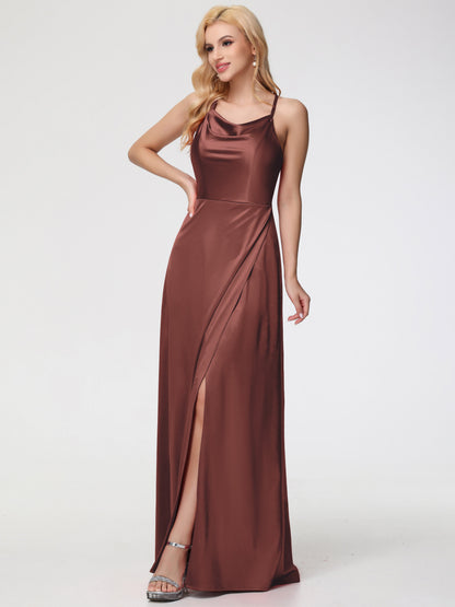 Stretch Satin Terracotta Bridesmaid Dresses Cowl Neck Straps Cross Zip Back Floor Length Stretch Satin Bridesmaid Dress