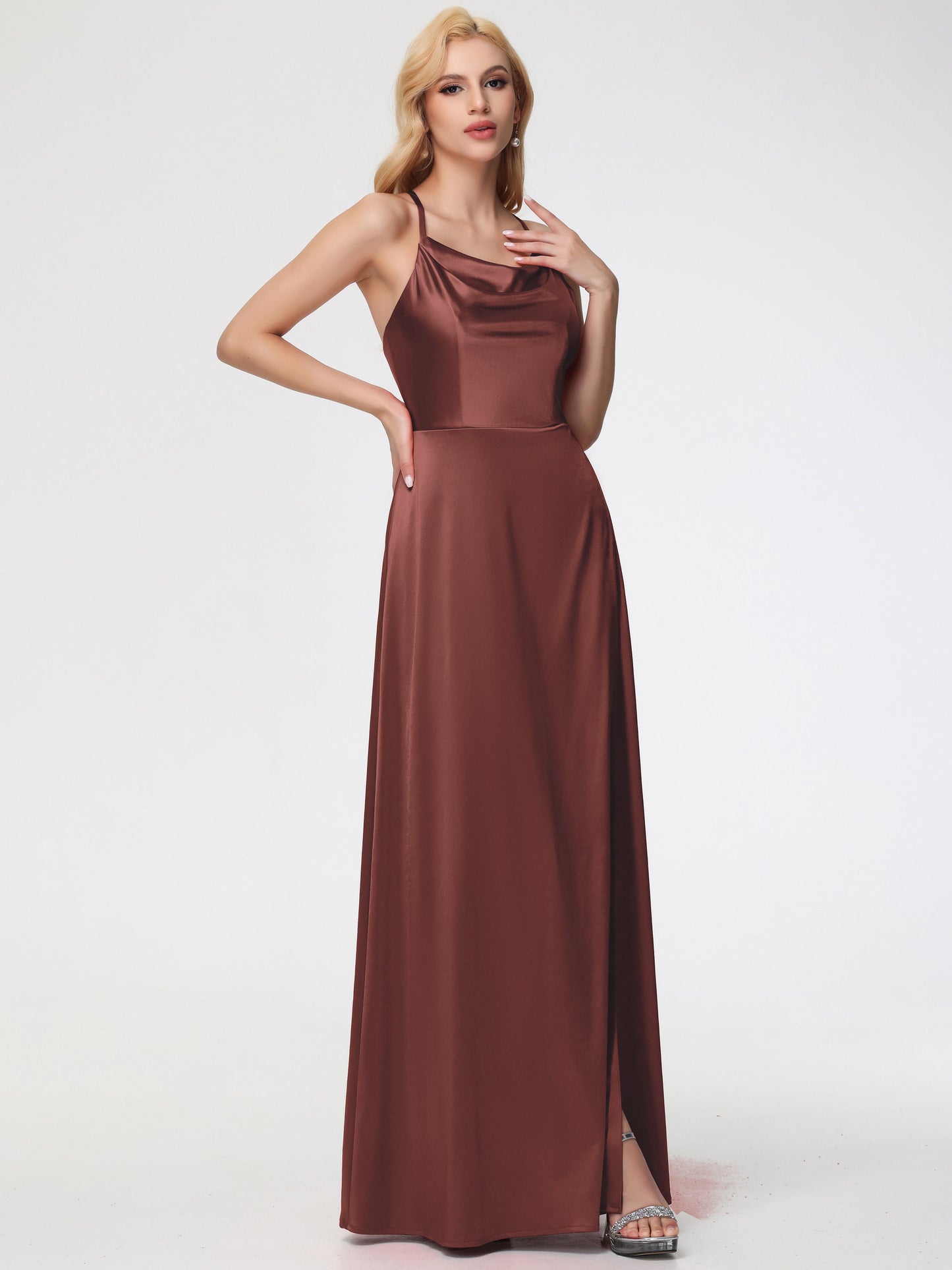 Stretch Satin Terracotta Bridesmaid Dresses Cowl Neck Straps Cross Zip Back Floor Length Stretch Satin Bridesmaid Dress