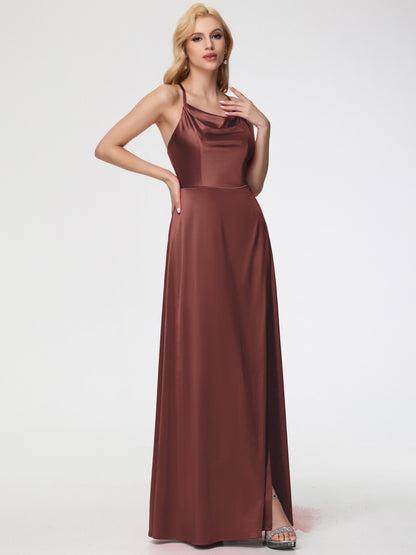 Stretch Satin Terracotta Bridesmaid Dresses Cowl Neck Straps Cross Zip Back Floor Length Stretch Satin Bridesmaid Dress