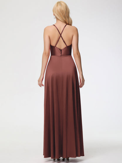 Stretch Satin Terracotta Bridesmaid Dresses Cowl Neck Straps Cross Zip Back Floor Length Stretch Satin Bridesmaid Dress