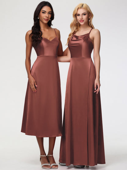 Stretch Satin Terracotta Bridesmaid Dresses Cowl Neck Straps Cross Zip Back Floor Length Stretch Satin Bridesmaid Dress