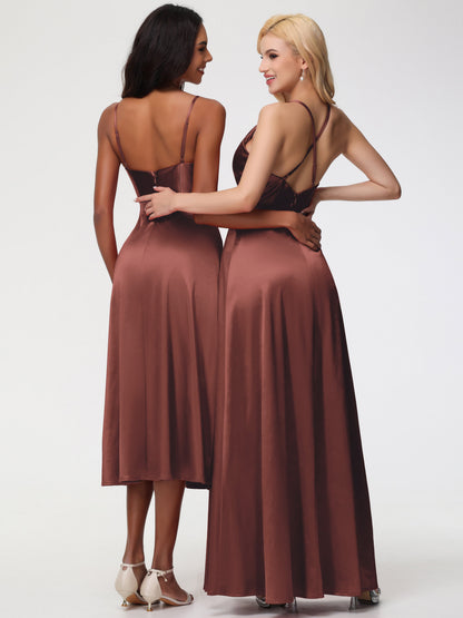Stretch Satin Terracotta Bridesmaid Dresses Cowl Neck Straps Cross Zip Back Floor Length Stretch Satin Bridesmaid Dress