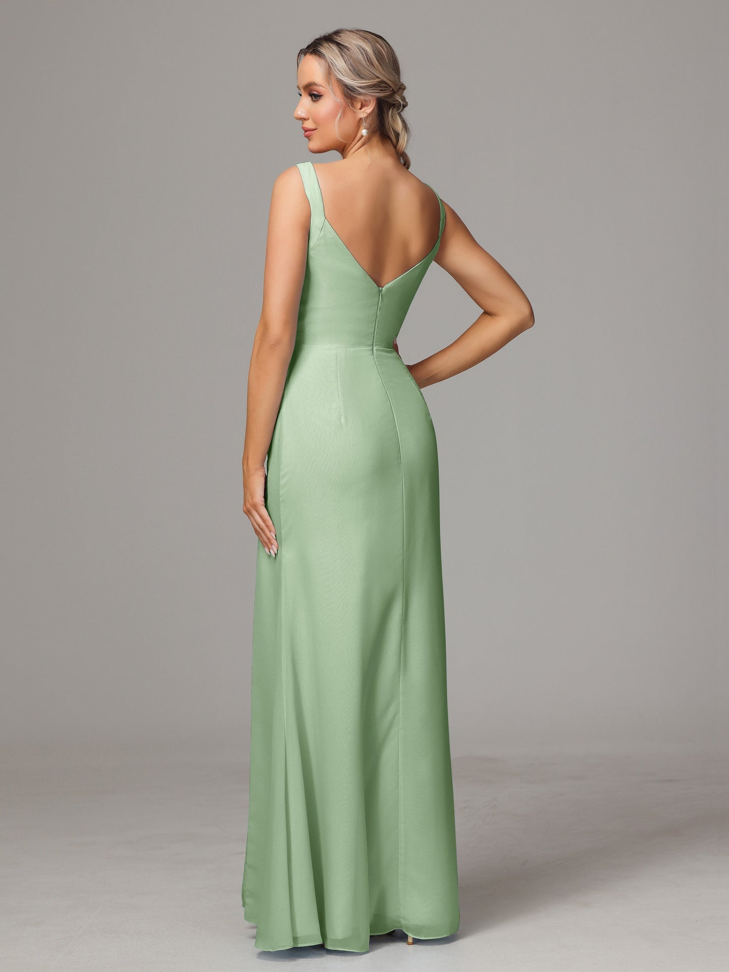 V Neck Sleeveless Chiffon Bridesmaid Dress With Slit