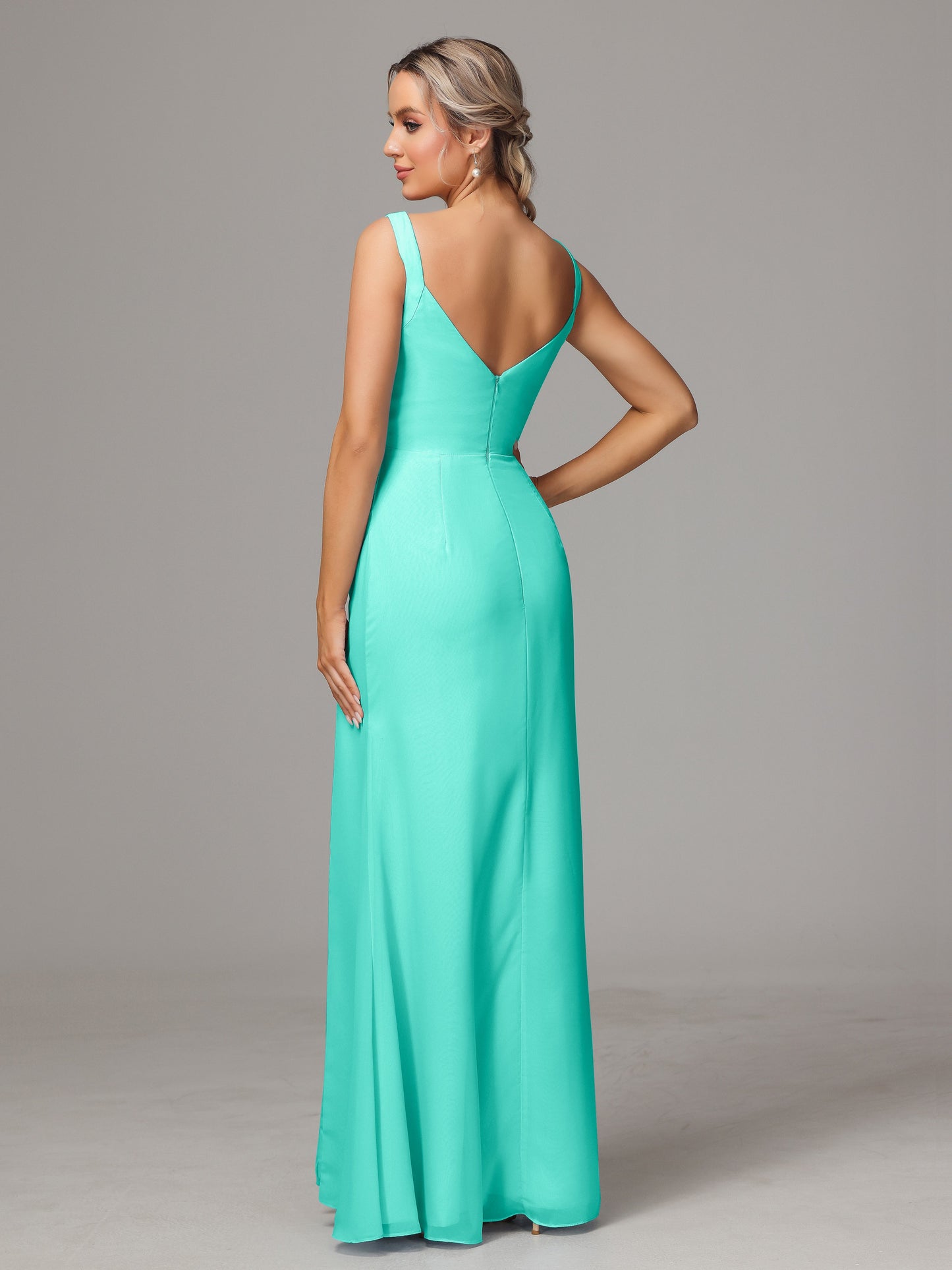 V Neck Sleeveless Chiffon Bridesmaid Dress With Slit