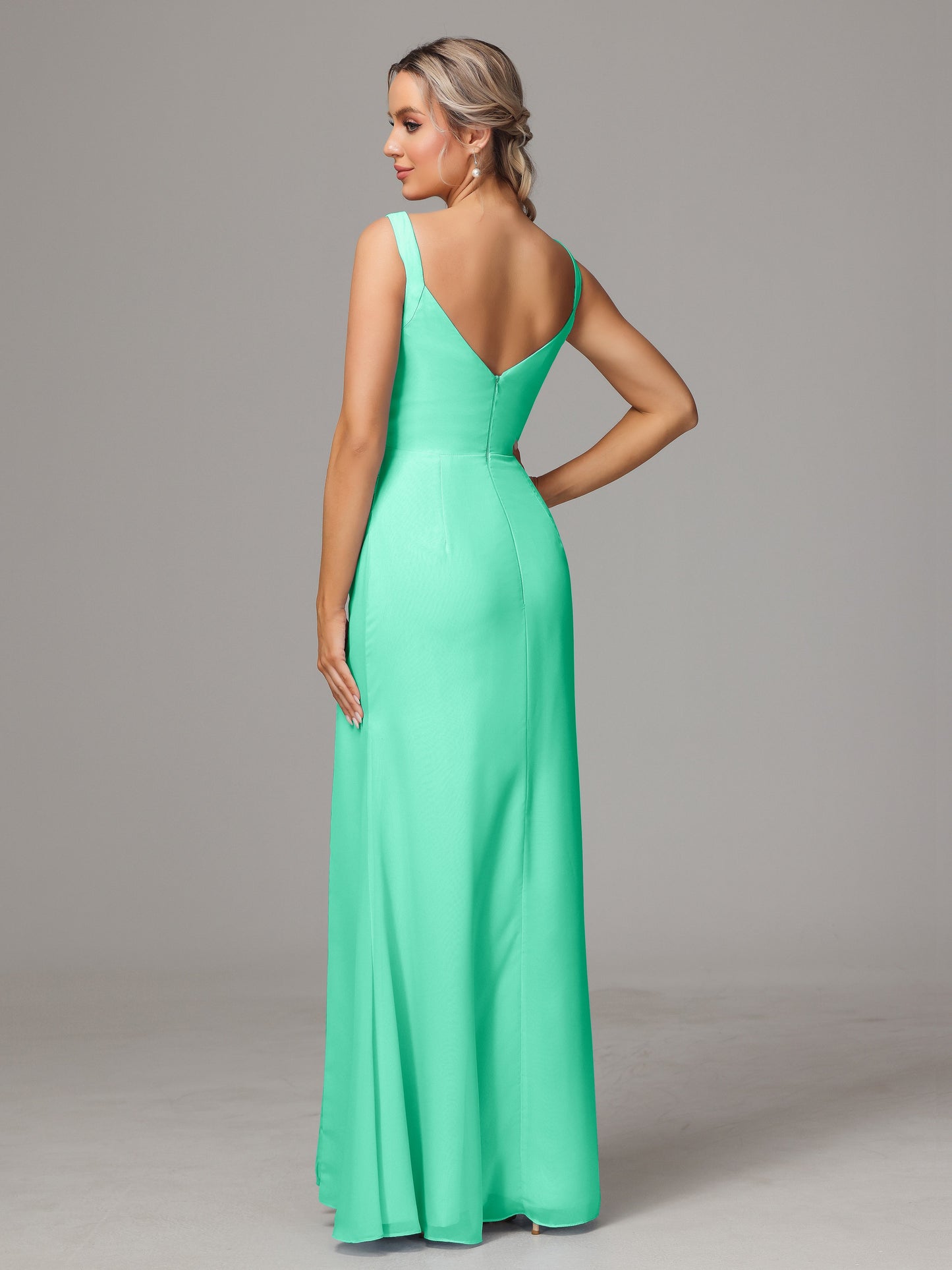 V Neck Sleeveless Chiffon Bridesmaid Dress With Slit
