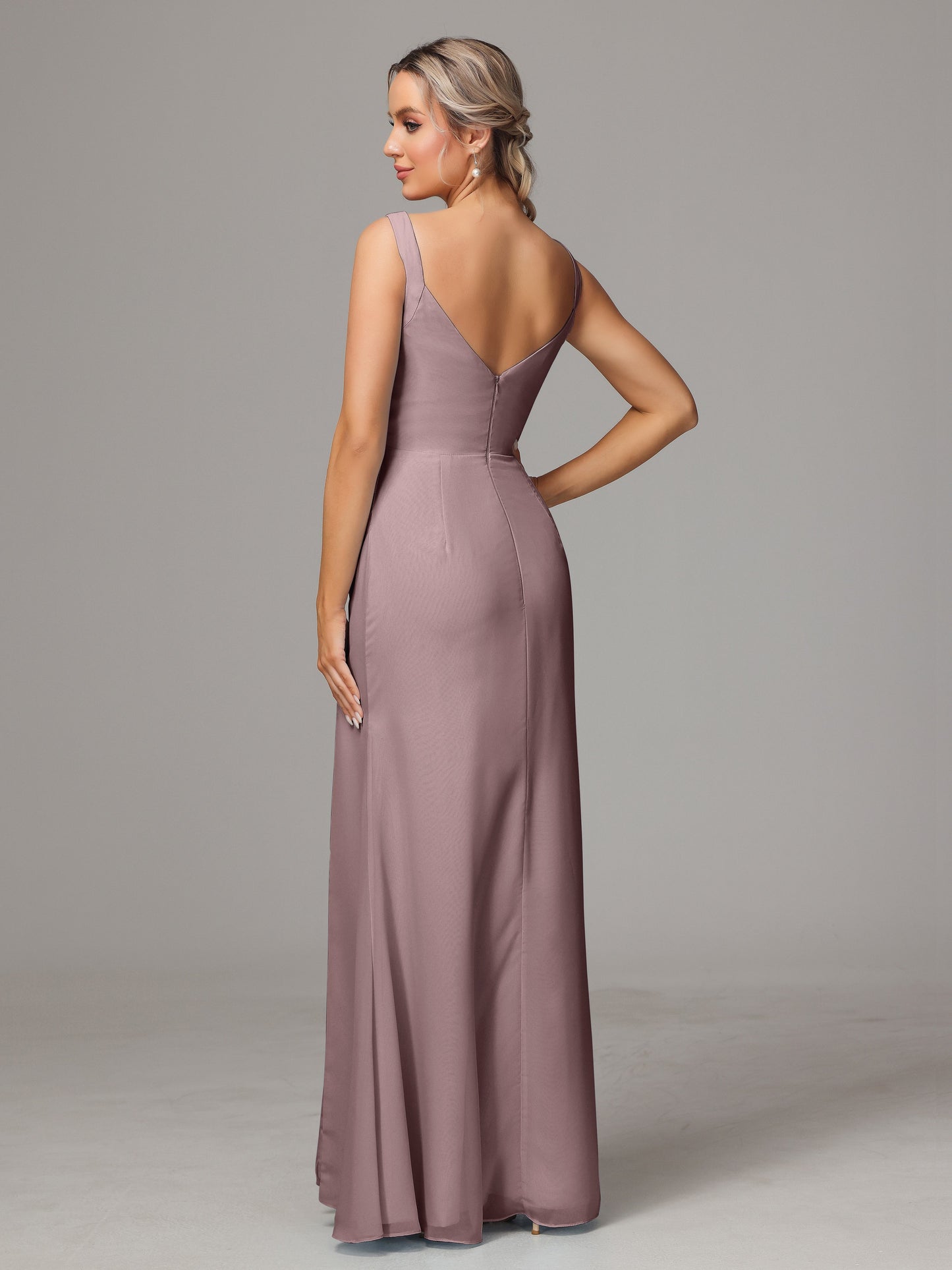 V Neck Sleeveless Chiffon Bridesmaid Dress With Slit