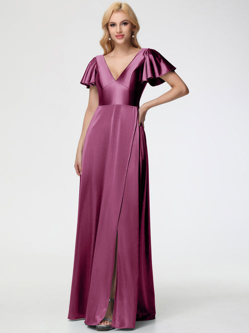 Mulberry Colour Bridesmaid Dresses Deep V-Neck Short Sleeves Stretch Satin Bridesmaid Dress With Split