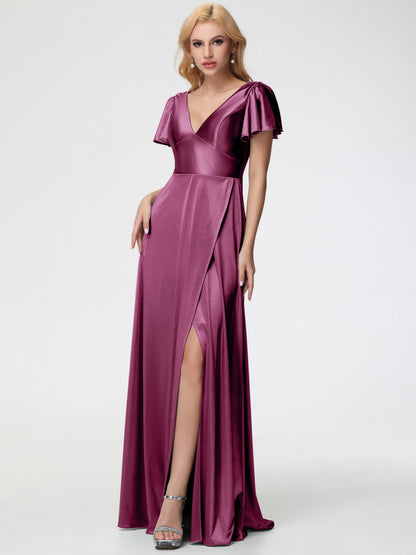 Mulberry Colour Bridesmaid Dresses Deep V-Neck Short Sleeves Stretch Satin Bridesmaid Dress With Split