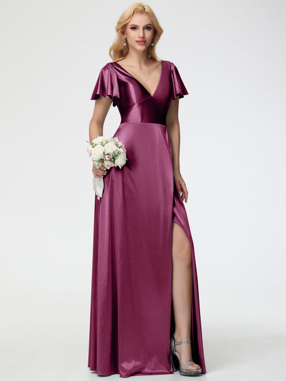 Mulberry Colour Bridesmaid Dresses Deep V-Neck Short Sleeves Stretch Satin Bridesmaid Dress With Split