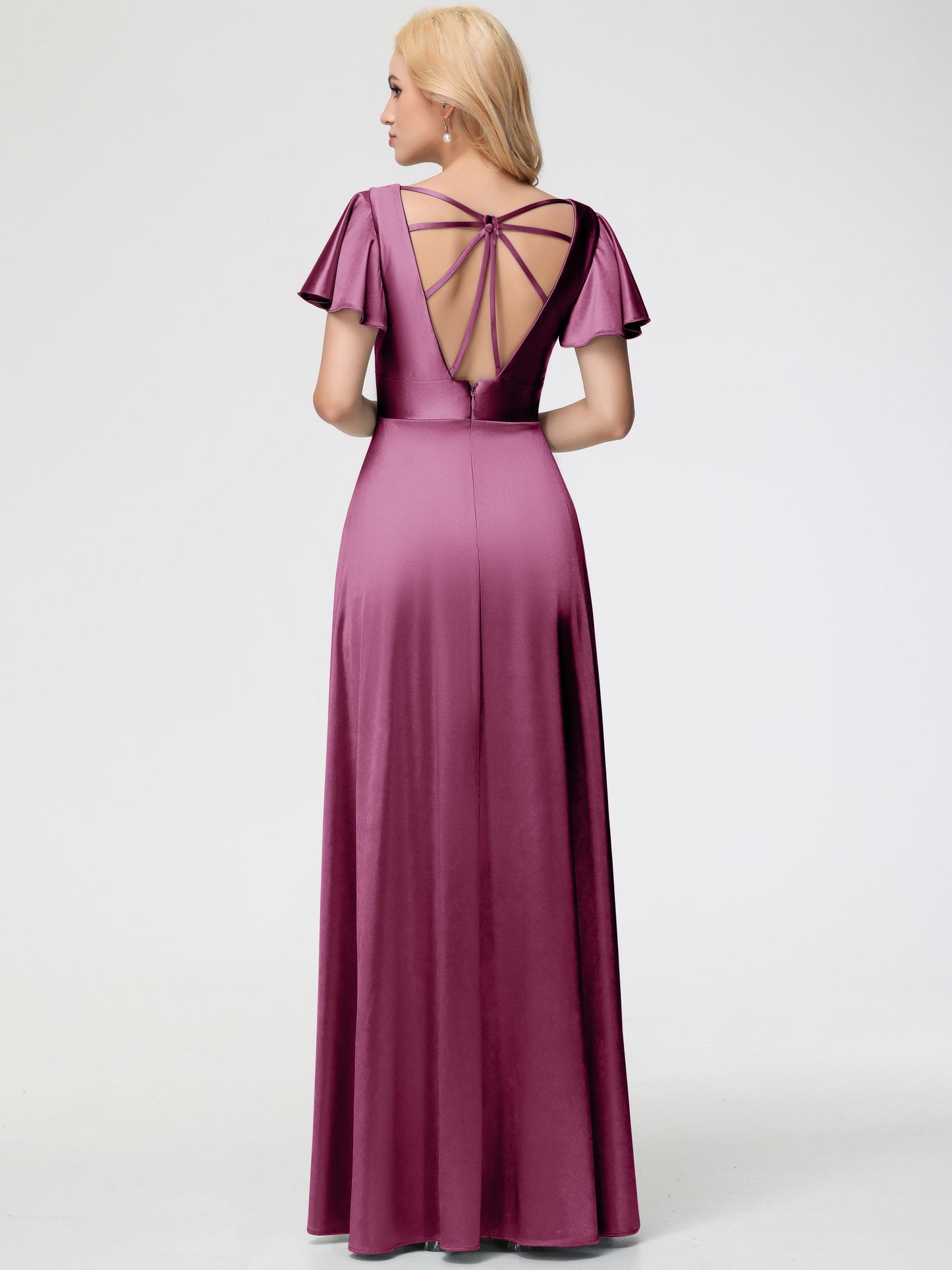 Mulberry Colour Bridesmaid Dresses Deep V-Neck Short Sleeves Stretch Satin Bridesmaid Dress With Split