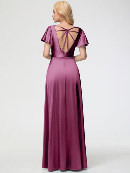 Mulberry Colour Bridesmaid Dresses Deep V-Neck Short Sleeves Stretch Satin Bridesmaid Dress With Split