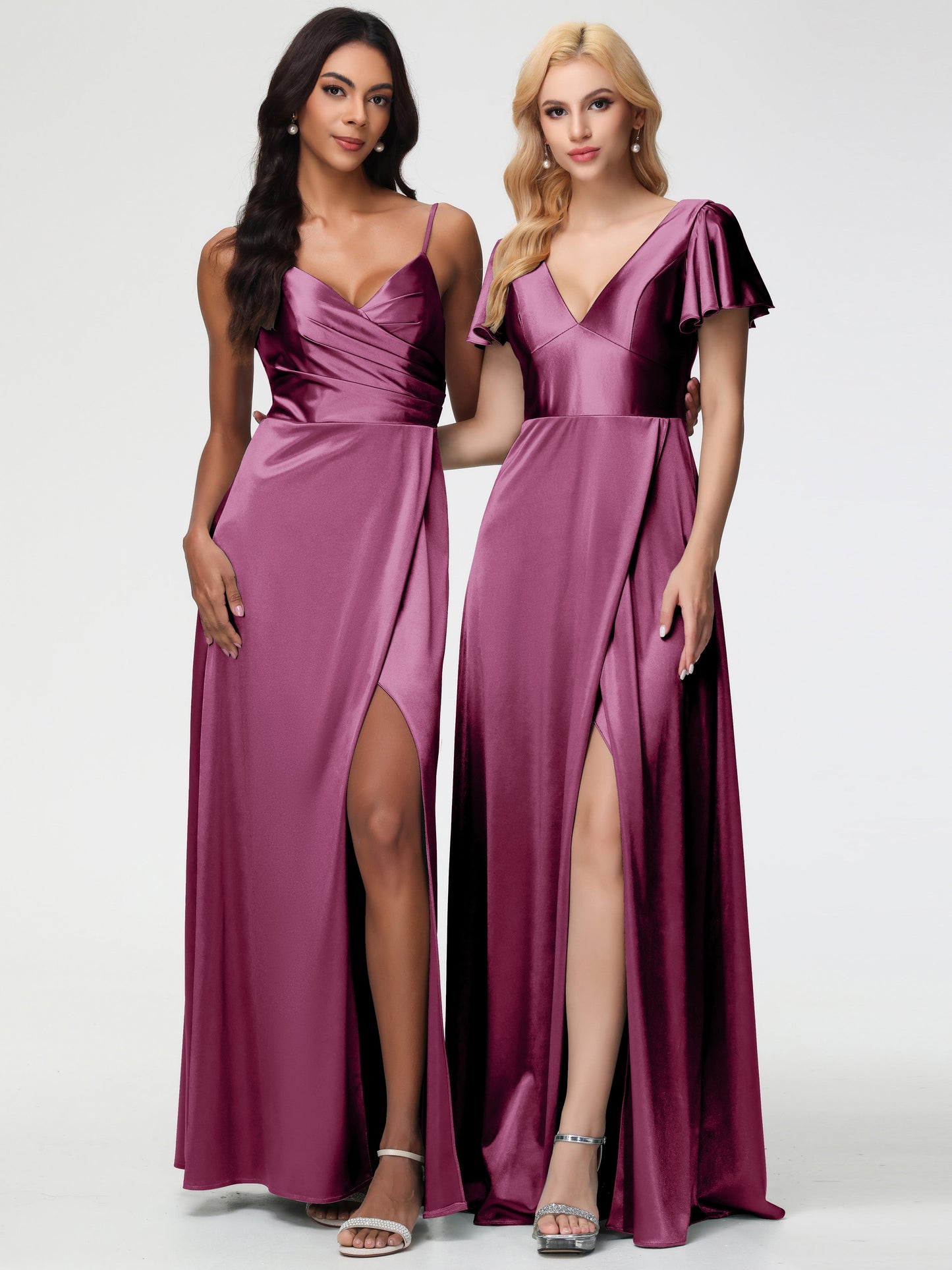 Mulberry Colour Bridesmaid Dresses Deep V-Neck Short Sleeves Stretch Satin Bridesmaid Dress With Split
