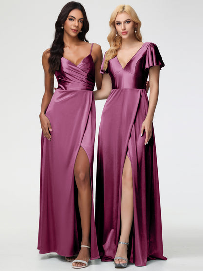 Mulberry Colour Bridesmaid Dresses Deep V-Neck Short Sleeves Stretch Satin Bridesmaid Dress With Split