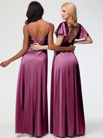 Mulberry Colour Bridesmaid Dresses Deep V-Neck Short Sleeves Stretch Satin Bridesmaid Dress With Split