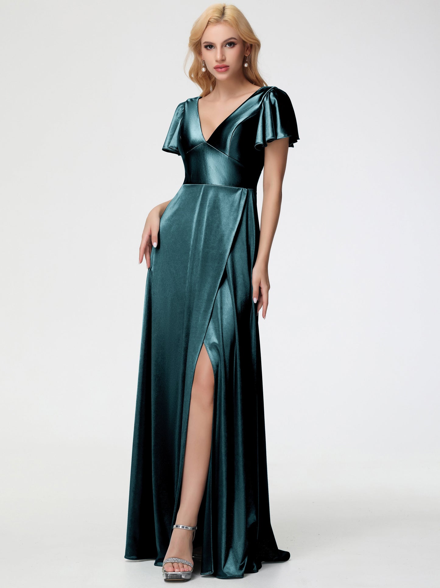 Peacock Colour Bridesmaid Dresses Deep V-Neck Short Sleeves Stretch Satin Bridesmaid Dress With Split