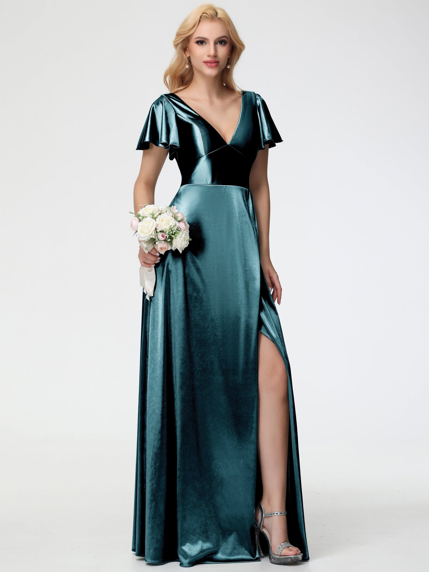 Peacock Colour Bridesmaid Dresses Deep V-Neck Short Sleeves Stretch Satin Bridesmaid Dress With Split