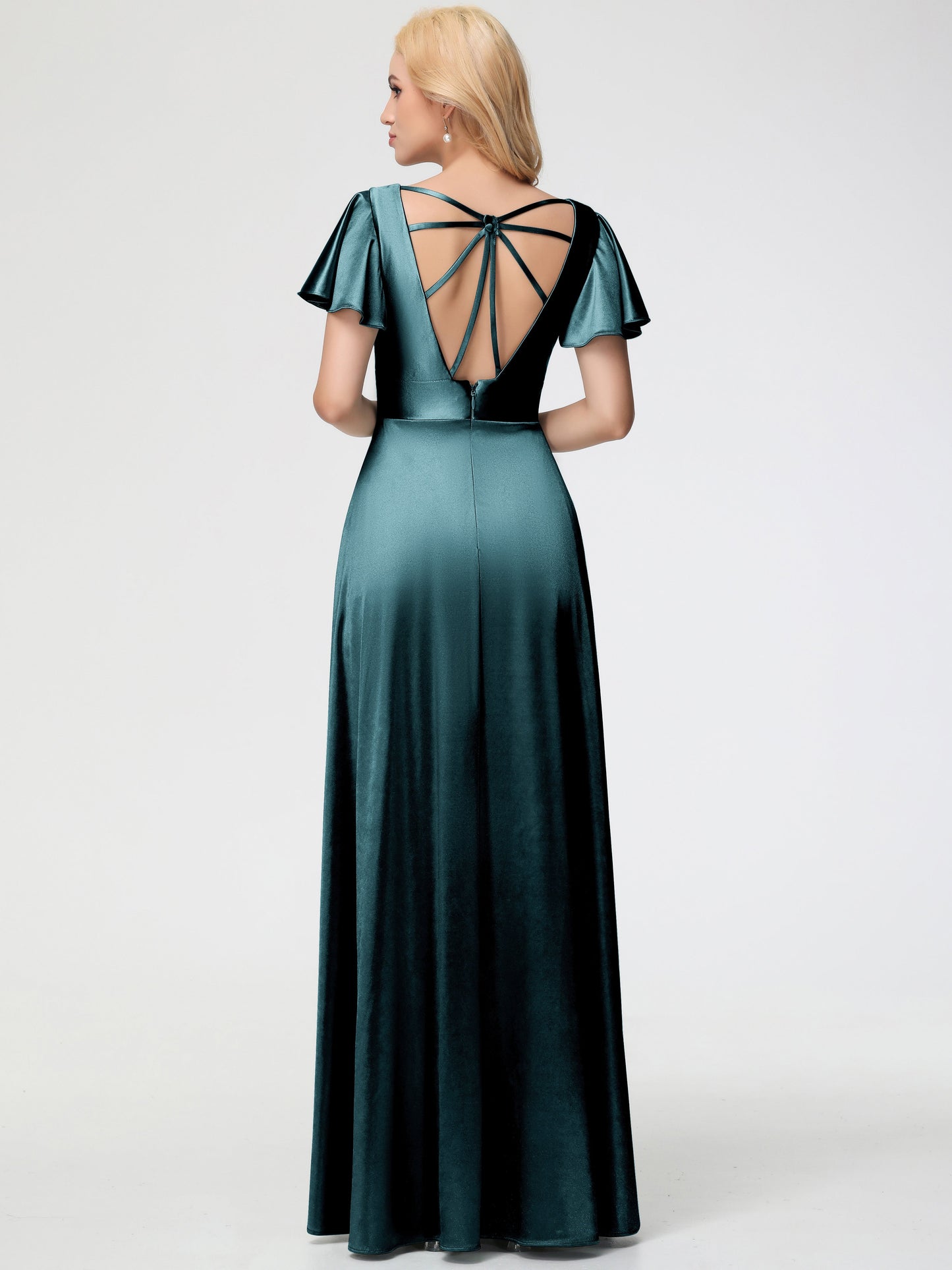 Peacock Colour Bridesmaid Dresses Deep V-Neck Short Sleeves Stretch Satin Bridesmaid Dress With Split