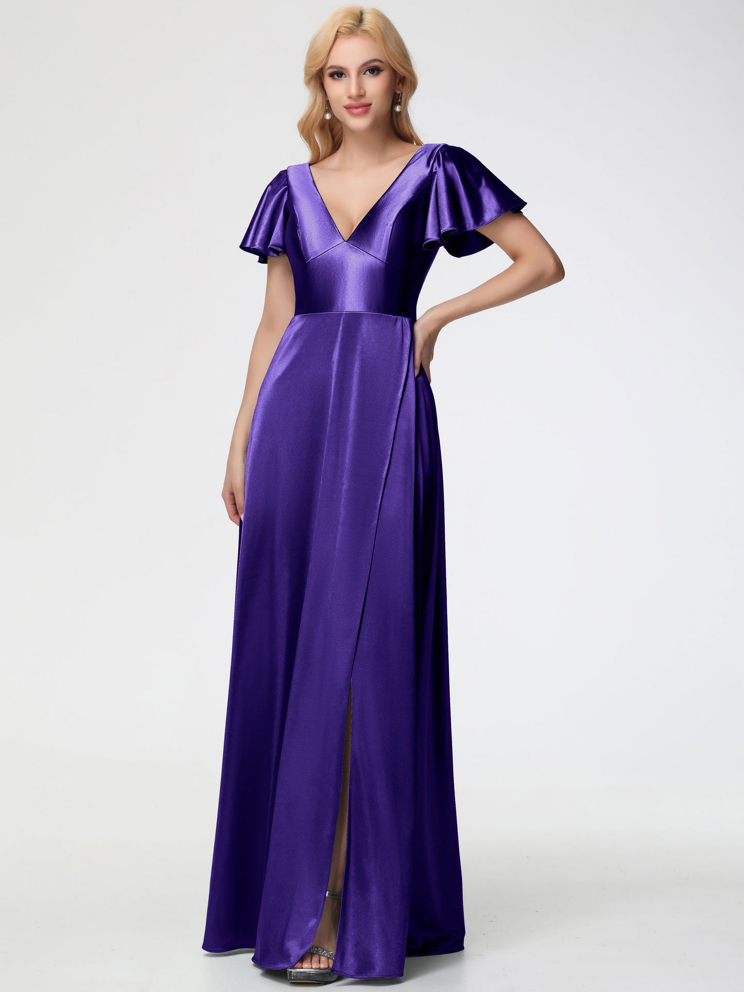 Regency Bridesmaid Dresses Deep V-Neck Short Sleeves Stretch Satin Bridesmaid Dress With Split