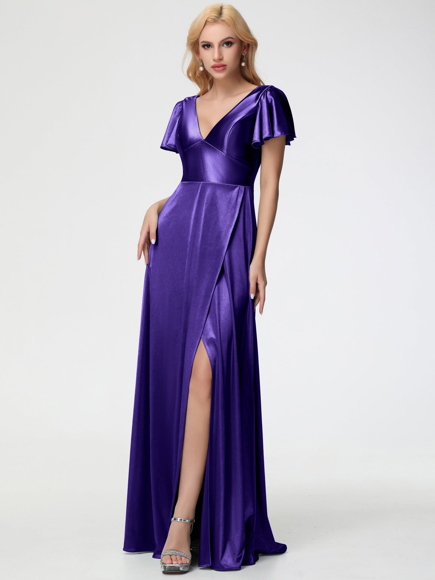 Regency Bridesmaid Dresses Deep V-Neck Short Sleeves Stretch Satin Bridesmaid Dress With Split