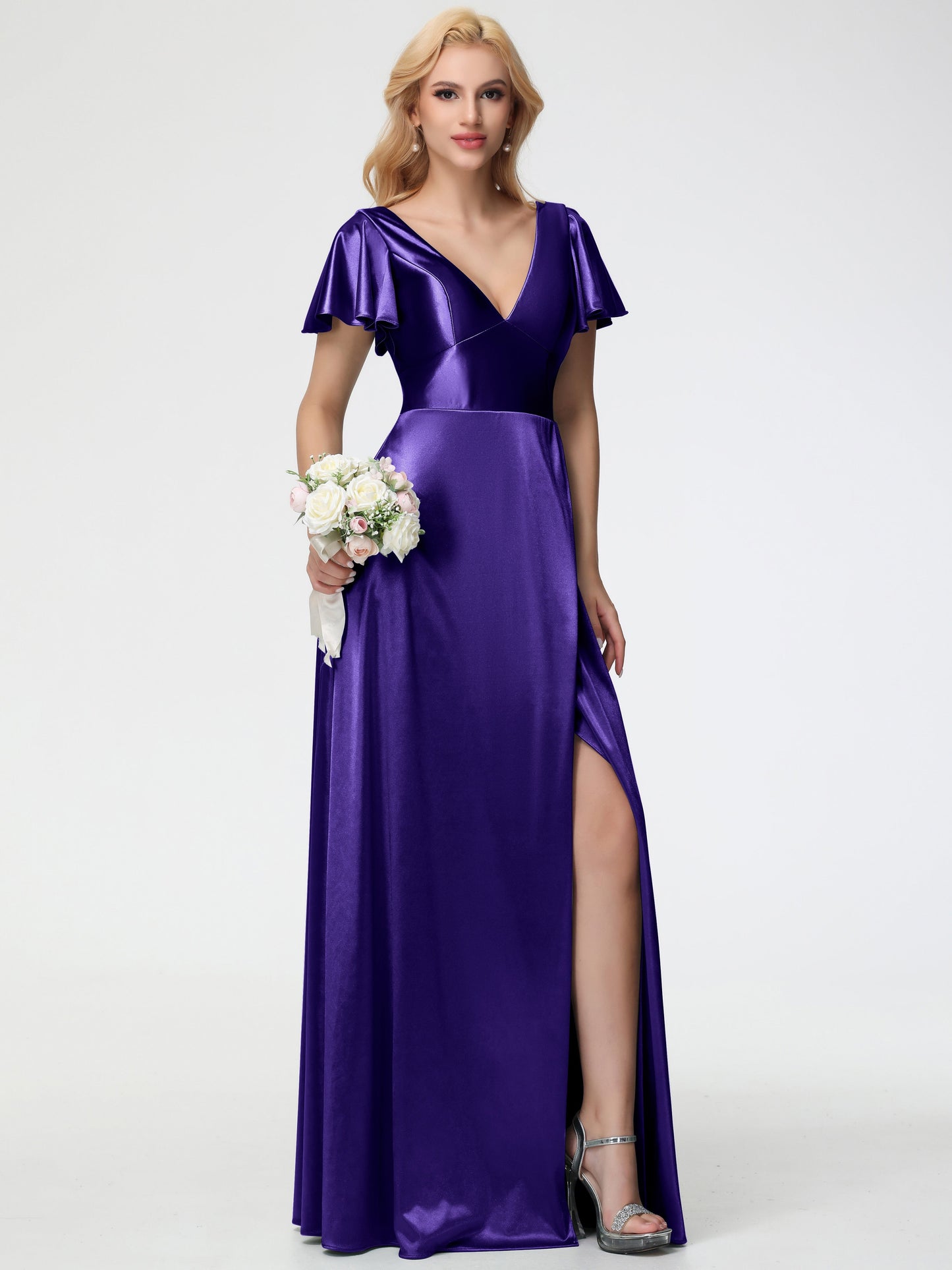 Regency Bridesmaid Dresses Deep V-Neck Short Sleeves Stretch Satin Bridesmaid Dress With Split