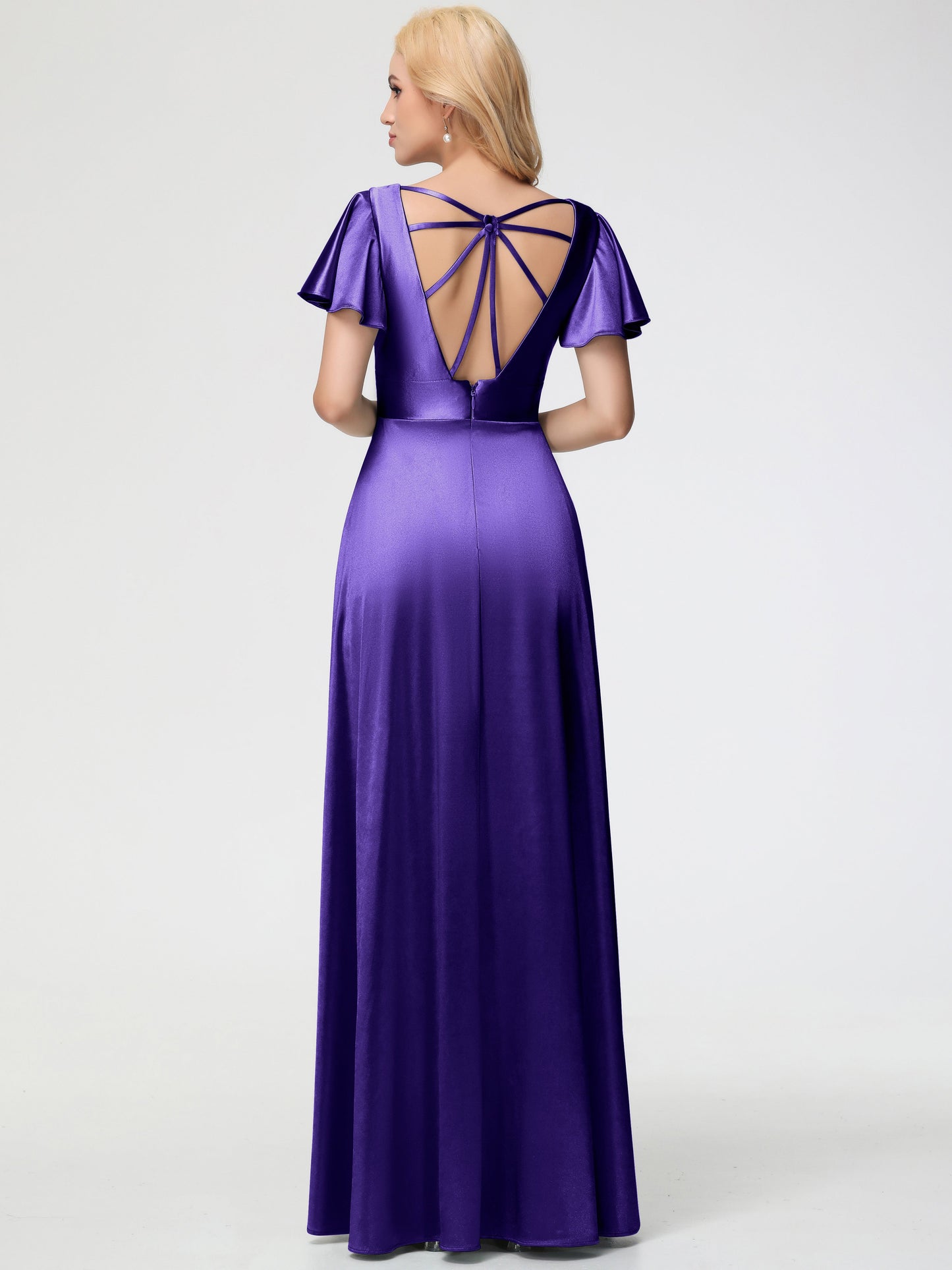 Regency Bridesmaid Dresses Deep V-Neck Short Sleeves Stretch Satin Bridesmaid Dress With Split
