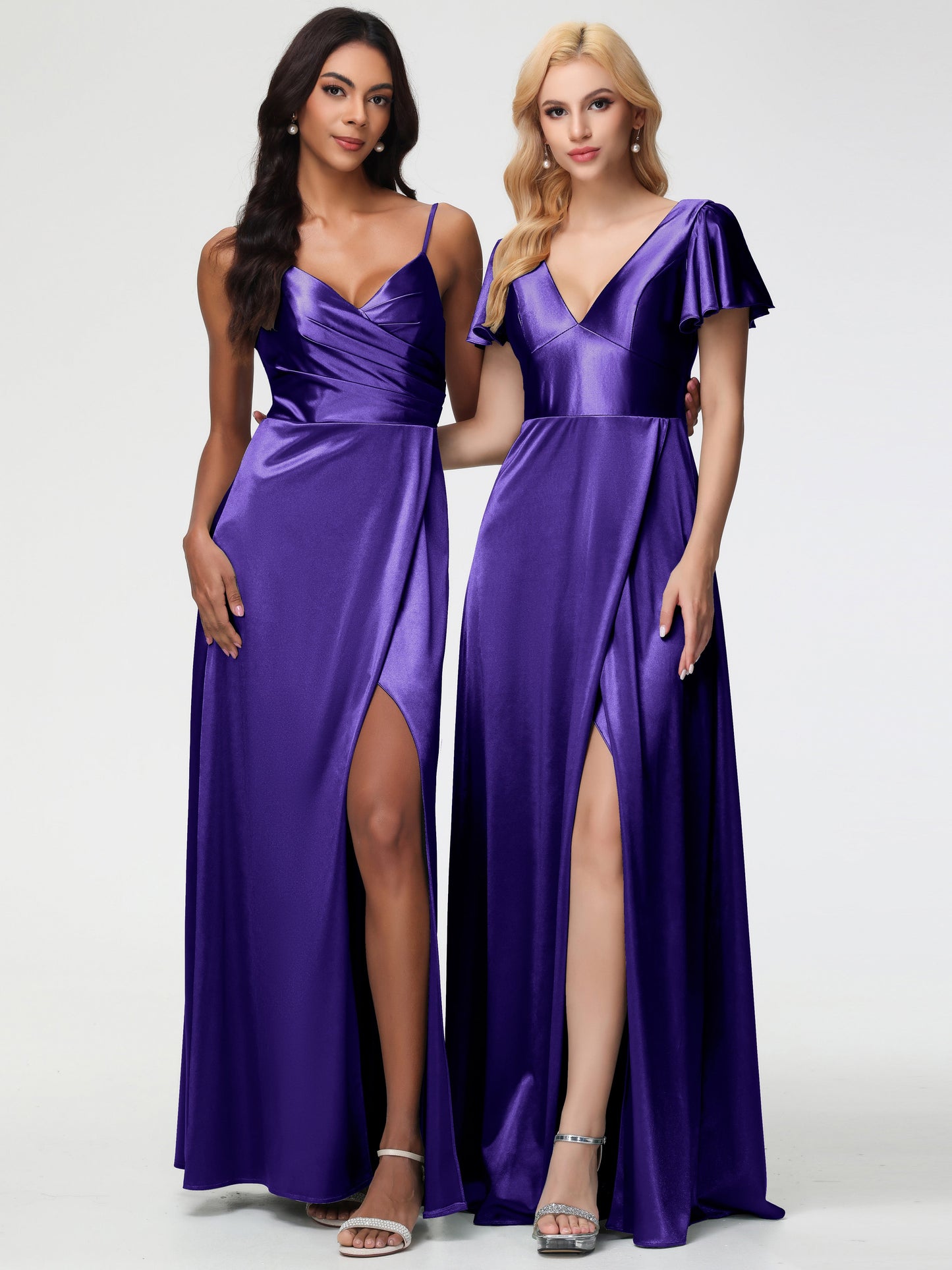Regency Bridesmaid Dresses Deep V-Neck Short Sleeves Stretch Satin Bridesmaid Dress With Split