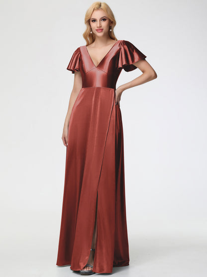 Rust Coloured Bridesmaid Dresses Deep V-Neck Short Sleeves Stretch Satin Bridesmaid Dress With Split