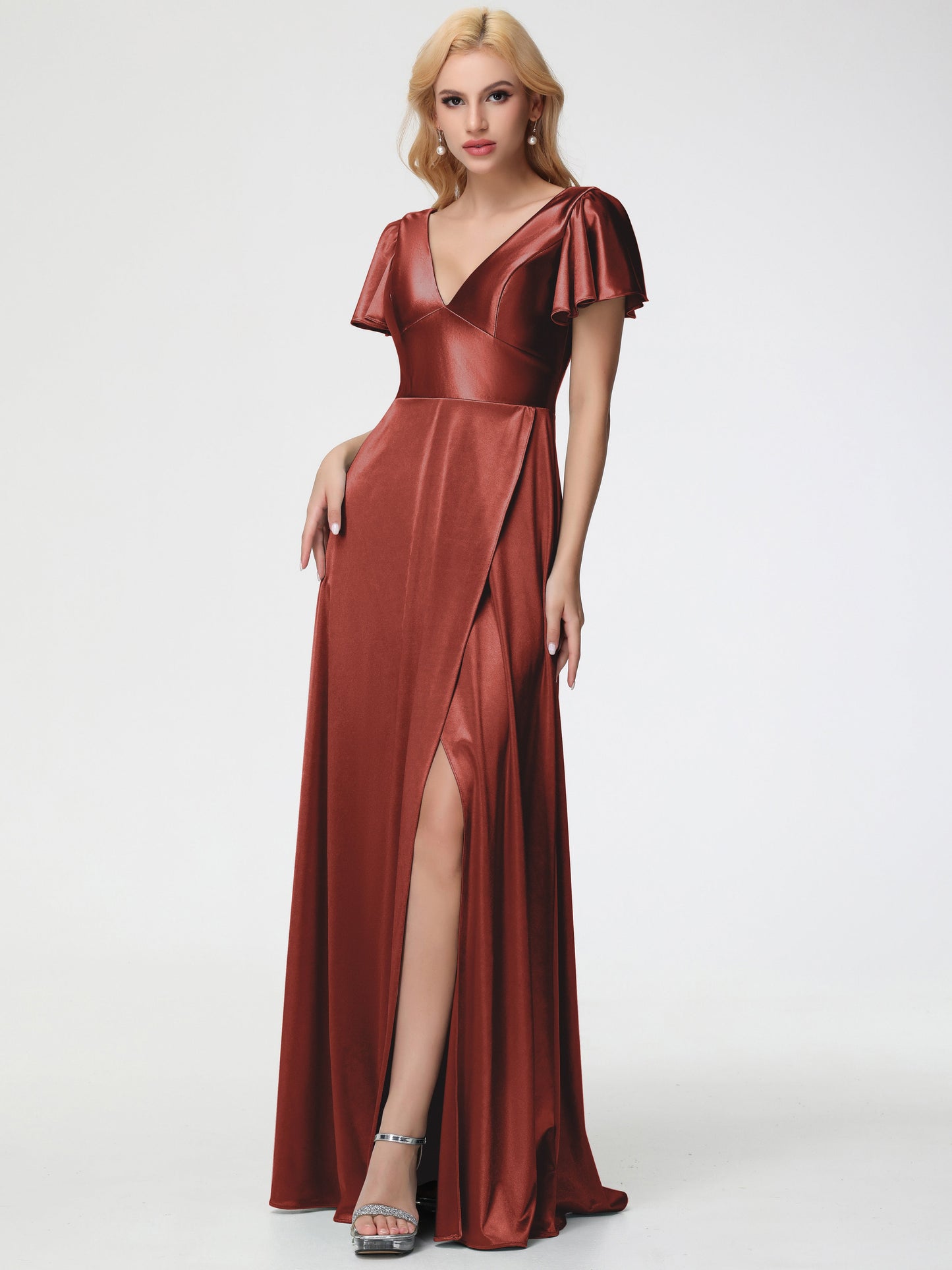 Rust Coloured Bridesmaid Dresses Deep V-Neck Short Sleeves Stretch Satin Bridesmaid Dress With Split