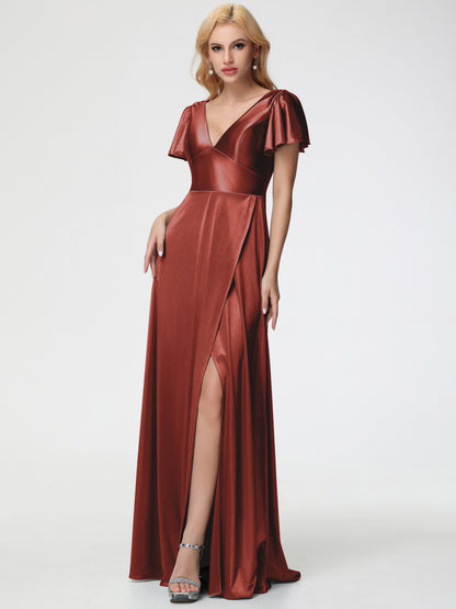 Rust Coloured Bridesmaid Dresses Deep V-Neck Short Sleeves Stretch Satin Bridesmaid Dress With Split