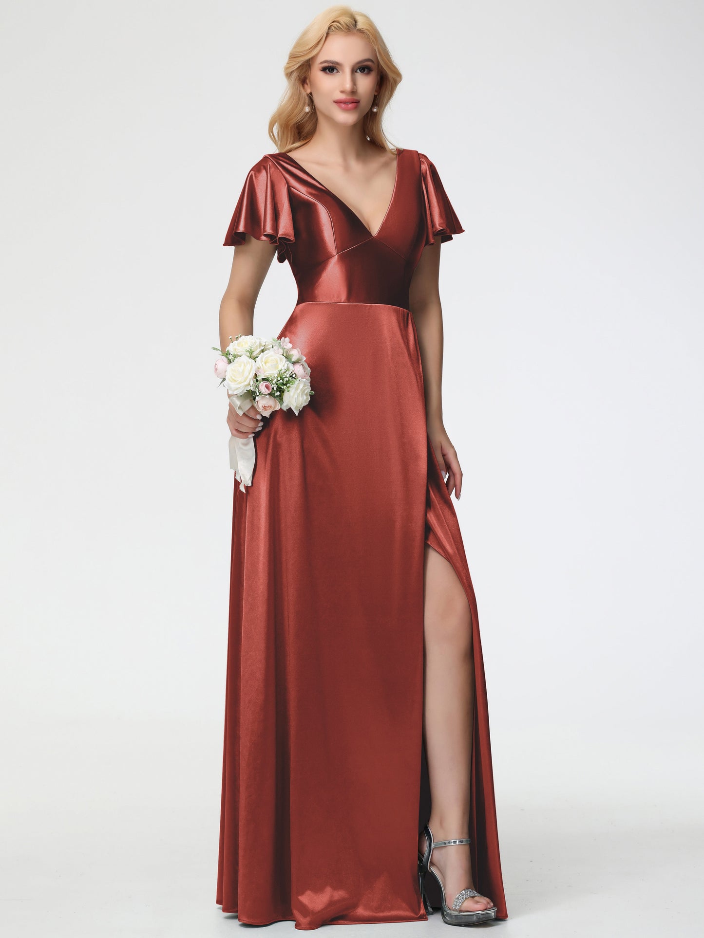 Rust Coloured Bridesmaid Dresses Deep V-Neck Short Sleeves Stretch Satin Bridesmaid Dress With Split