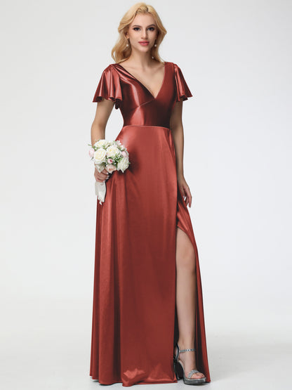 Rust Coloured Bridesmaid Dresses Deep V-Neck Short Sleeves Stretch Satin Bridesmaid Dress With Split