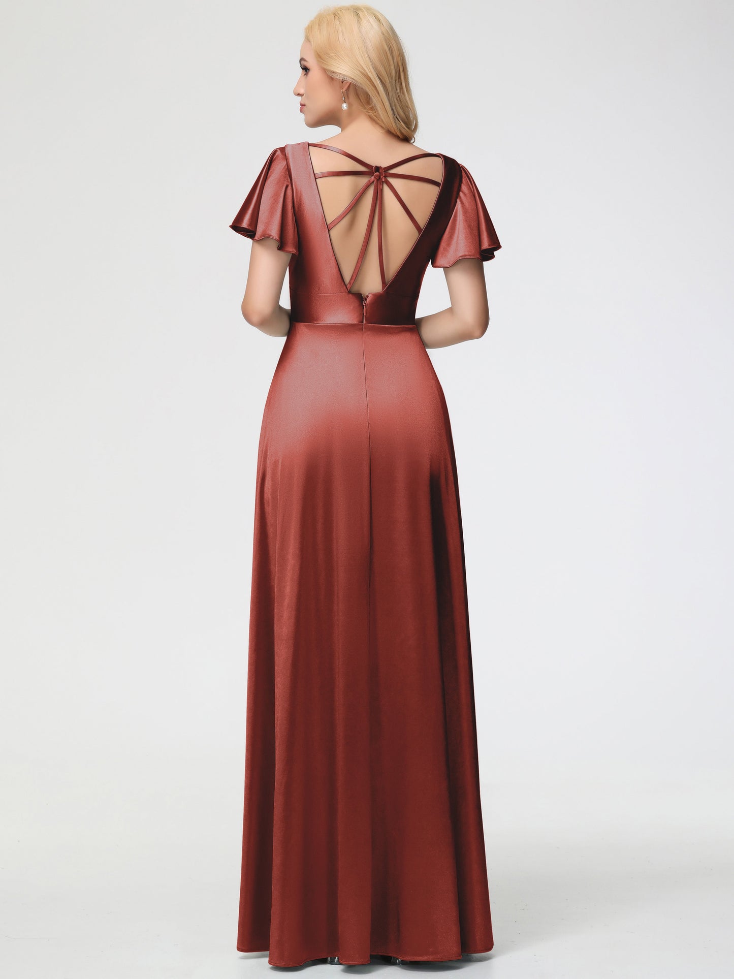 Rust Coloured Bridesmaid Dresses Deep V-Neck Short Sleeves Stretch Satin Bridesmaid Dress With Split