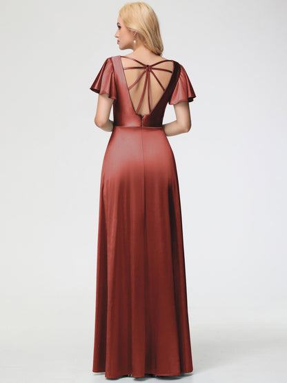 Rust Coloured Bridesmaid Dresses Deep V-Neck Short Sleeves Stretch Satin Bridesmaid Dress With Split