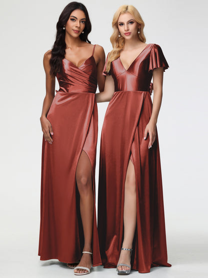 Rust Coloured Bridesmaid Dresses Deep V-Neck Short Sleeves Stretch Satin Bridesmaid Dress With Split
