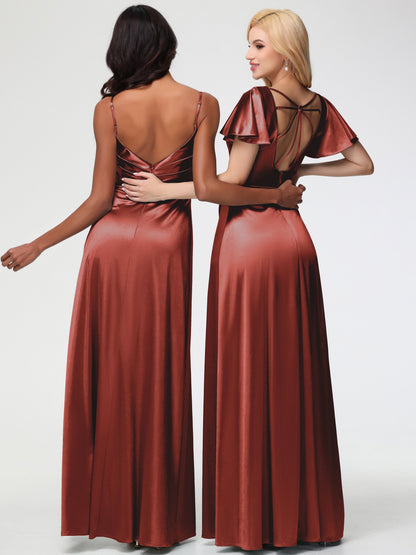 Rust Coloured Bridesmaid Dresses Deep V-Neck Short Sleeves Stretch Satin Bridesmaid Dress With Split