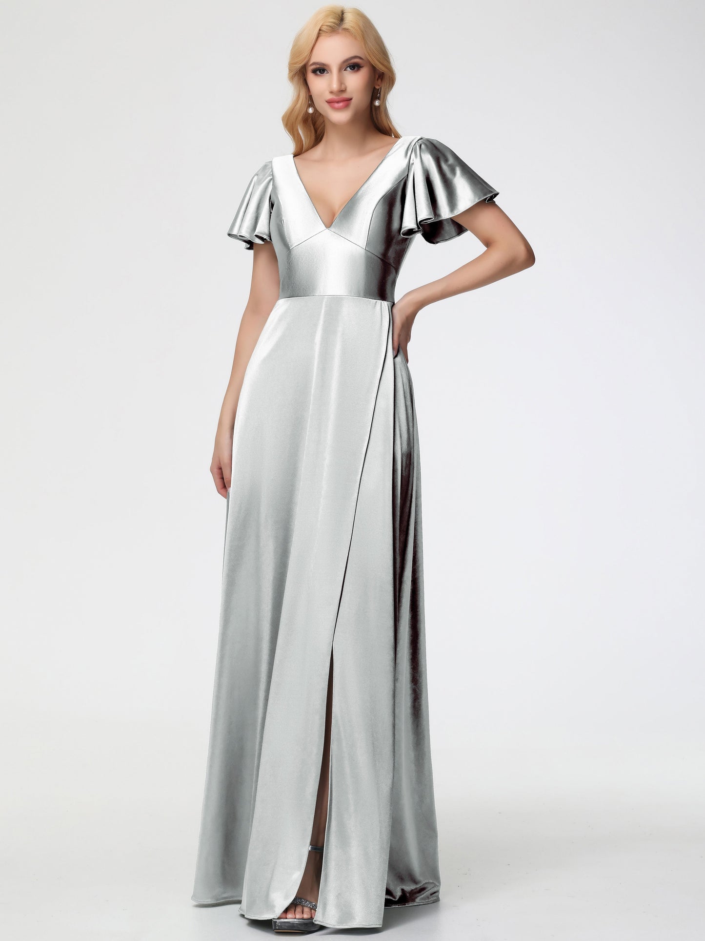Silver Bridesmaid Dresses Deep V-Neck Short Sleeves Stretch Satin Bridesmaid Dress With Split