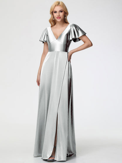 Silver Bridesmaid Dresses Deep V-Neck Short Sleeves Stretch Satin Bridesmaid Dress With Split
